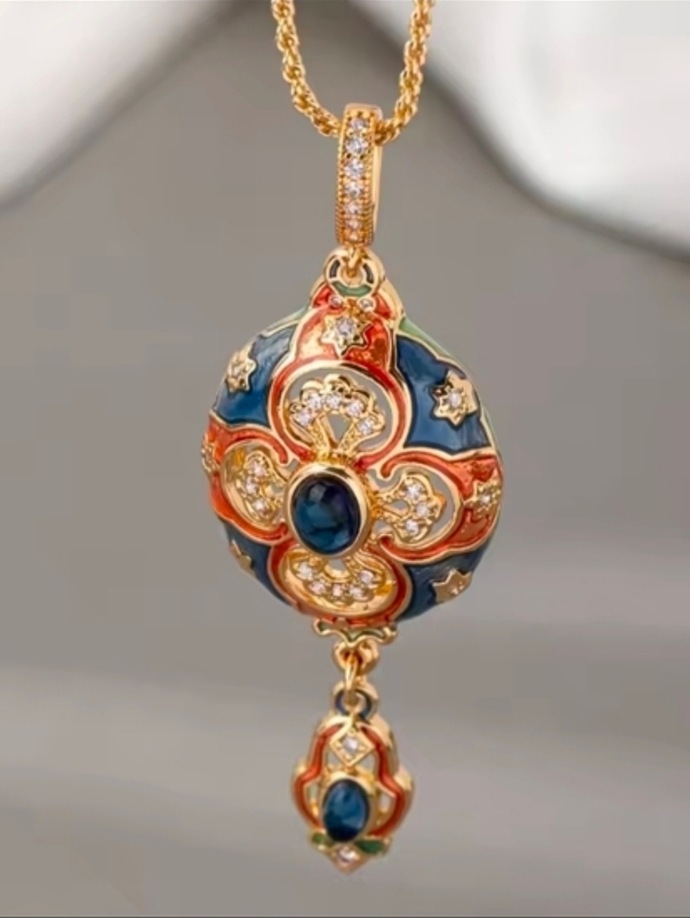 Gold-Tone Blue and Orange Enamel Pendant Necklace - Picture 3 of 6